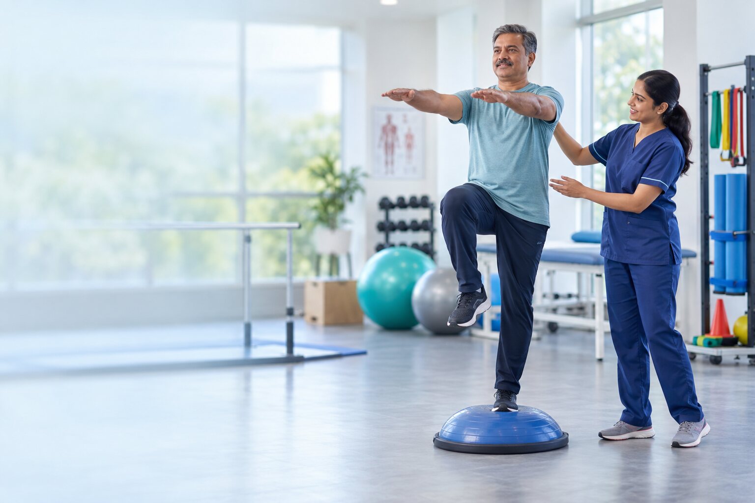 A patient doing rehabilitation exercises with a physiotherapist