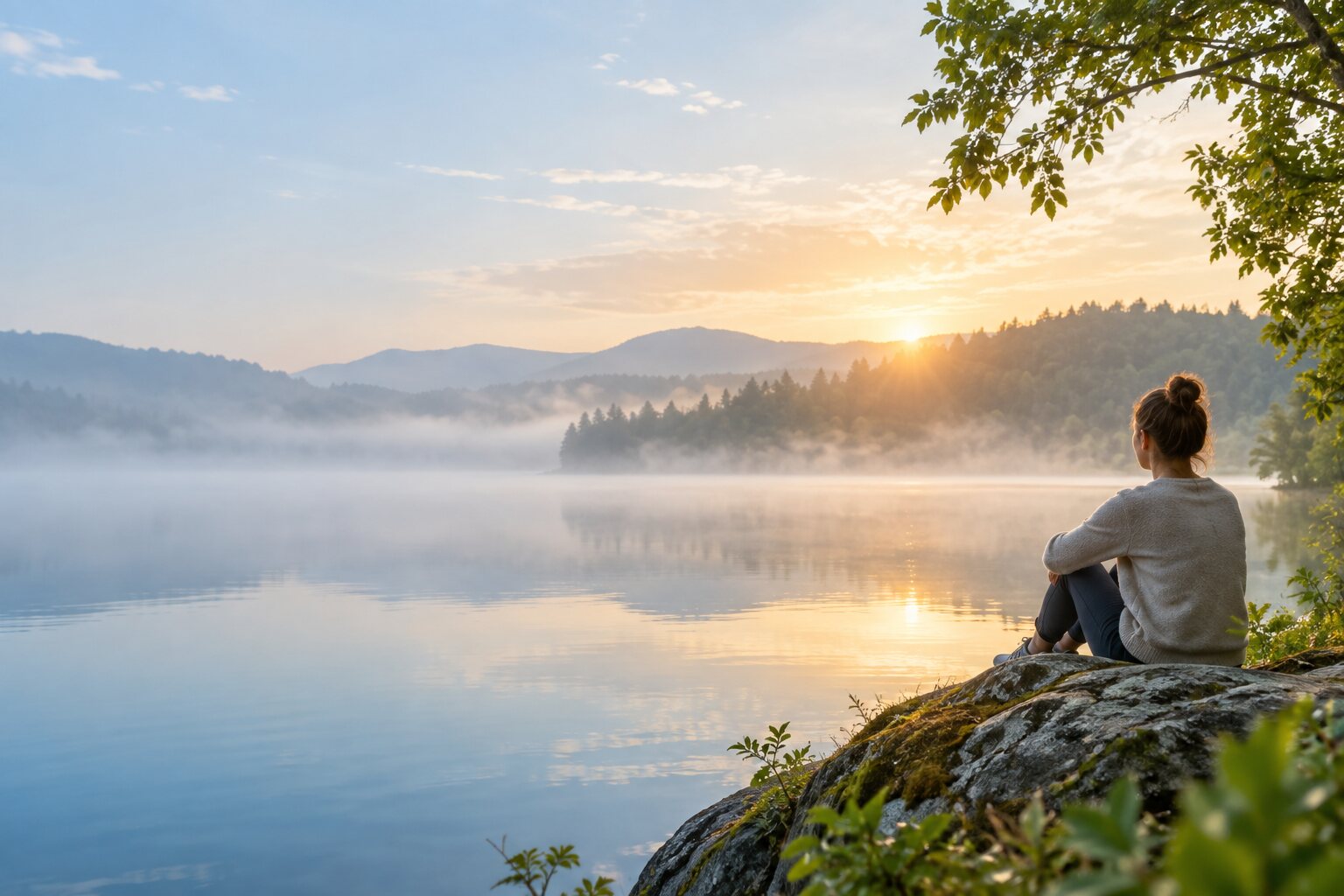 A peaceful lakeside scene at sunrise