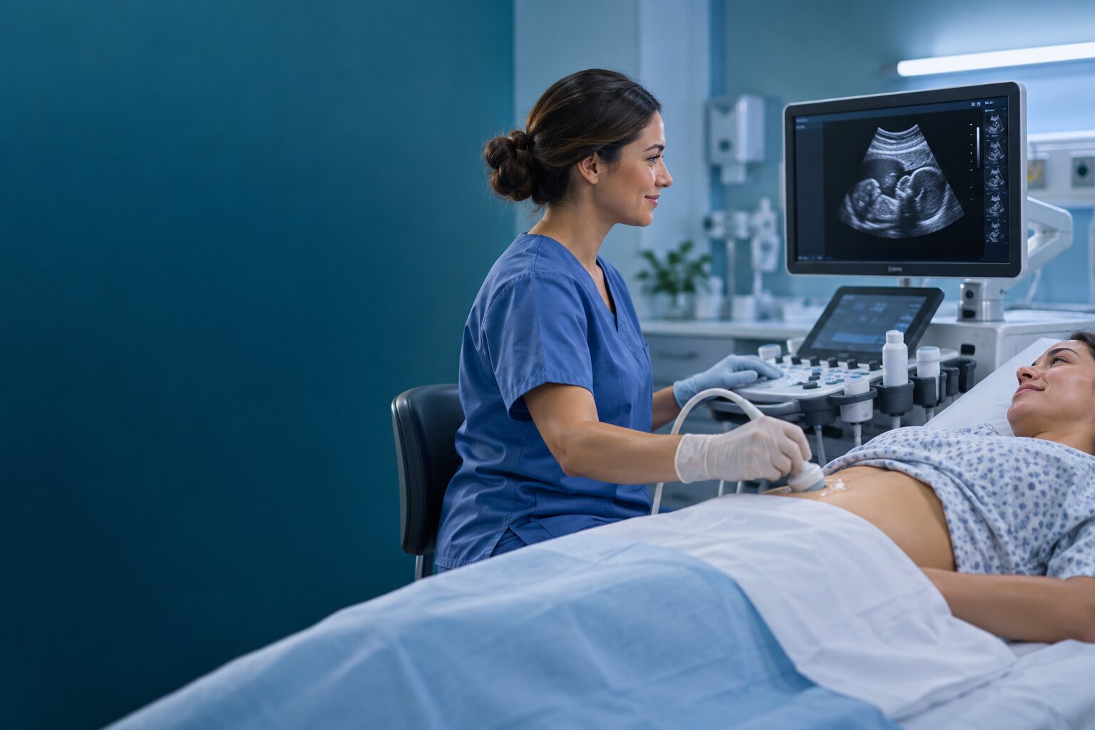 A clinician performing an ultrasound scan